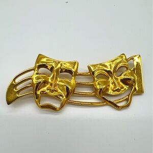 Vintage Gold Tone Theater Mask Brooch – Comedy Tragedy Abstract Art Pin 3”